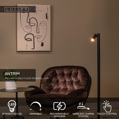 Lucide ANTRIM - Rechargeable Floor reading lamp Indoor/Outdoor - Battery pack - LED Dim. - 1x2,2W 2700K - IP54 - With wireless charging pad - Black